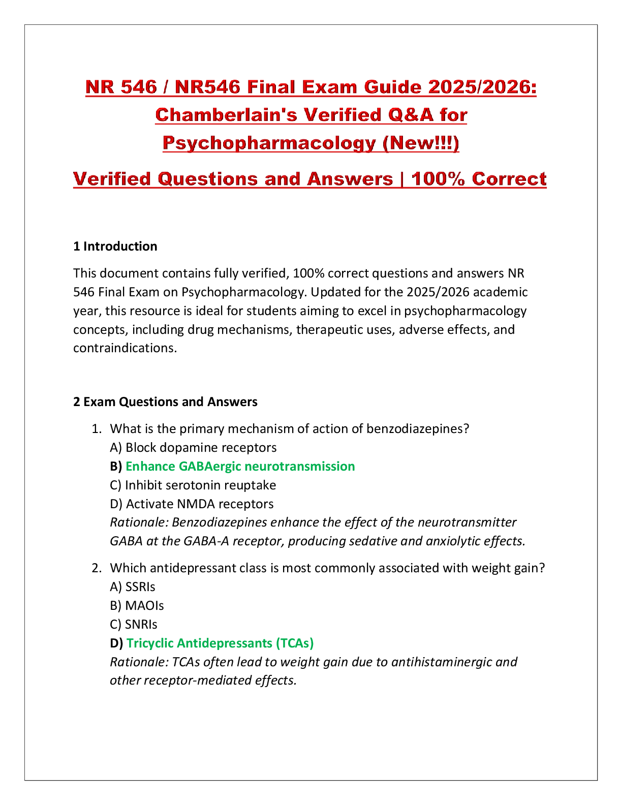 Recommended document preview for NR 546 / NR546 Final Exam Guide 2025/2026: Chamberlain's Verified Q&A for Psychopharmacology (New!!!) Verified Questions and Answers | 100% Correct
