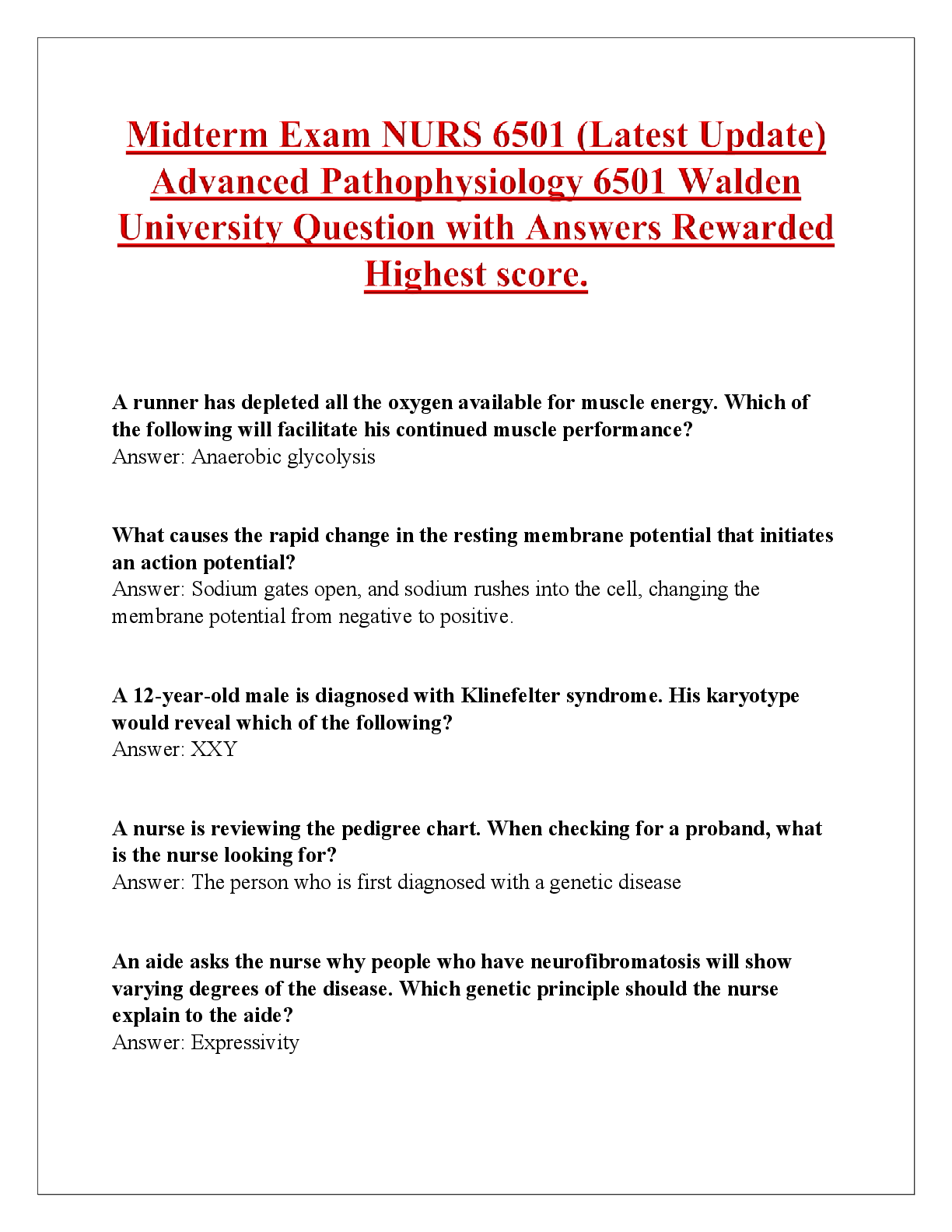 Recommended document preview for Midterm Exam NURS 6501 (Latest Update) Advanced Pathophysiology 6501 Walden University Question with Answers Rewarded Highest score.
