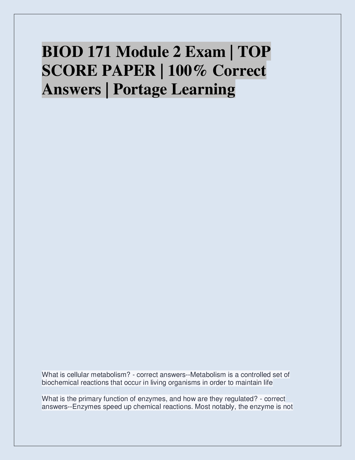 Recommended document preview for BIOD 171 Module 2 Exam | TOP  SCORE PAPER | 100% Correct  Answers | Portage Learning