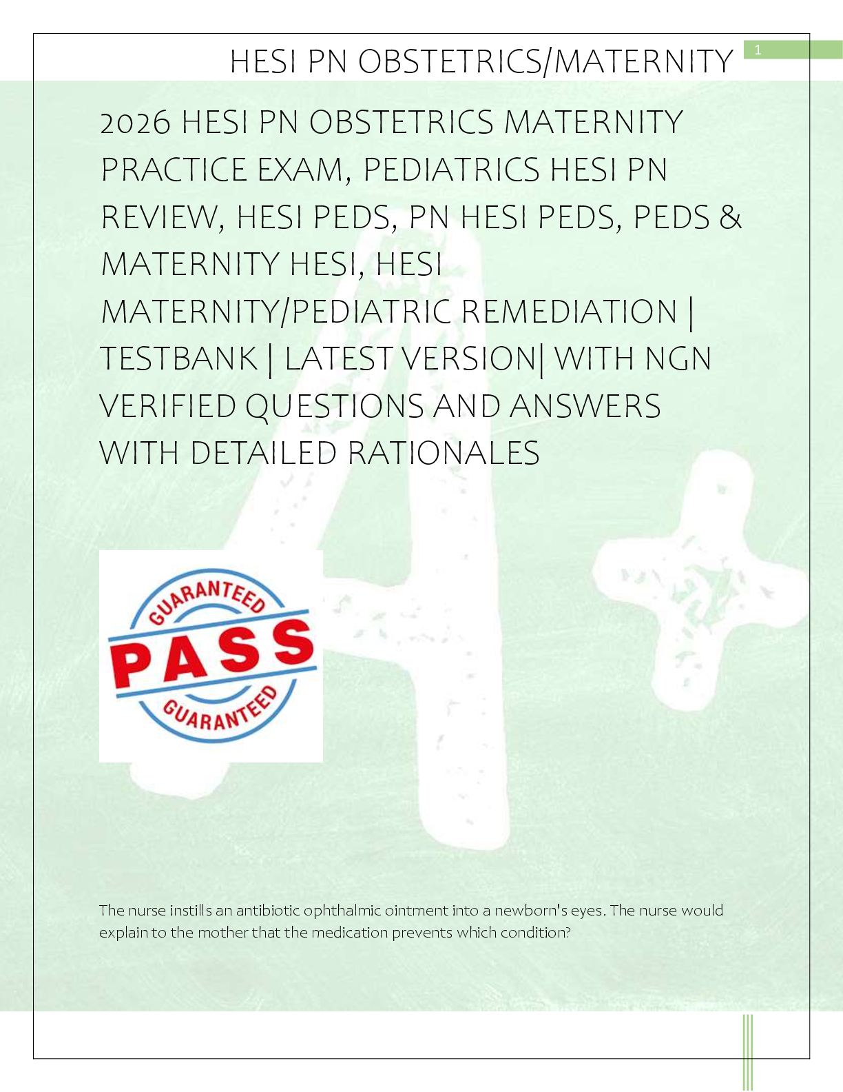Preview of 2026 HESI PN OBSTETRICS MATERNITY  PRACTICE EXAM, PEDIATRICS HESI PN  REVIEW, HESI PEDS, PN HESI PEDS, PEDS &amp;  MATERNITY HESI, HESI  MATERNITY/PEDIATRIC REMEDIATION |  TESTBANK | LATEST VERSION| WITH NGN  VERIFIED QUESTIONS AND ANSWERS  WITH DETAILED RATIONALES