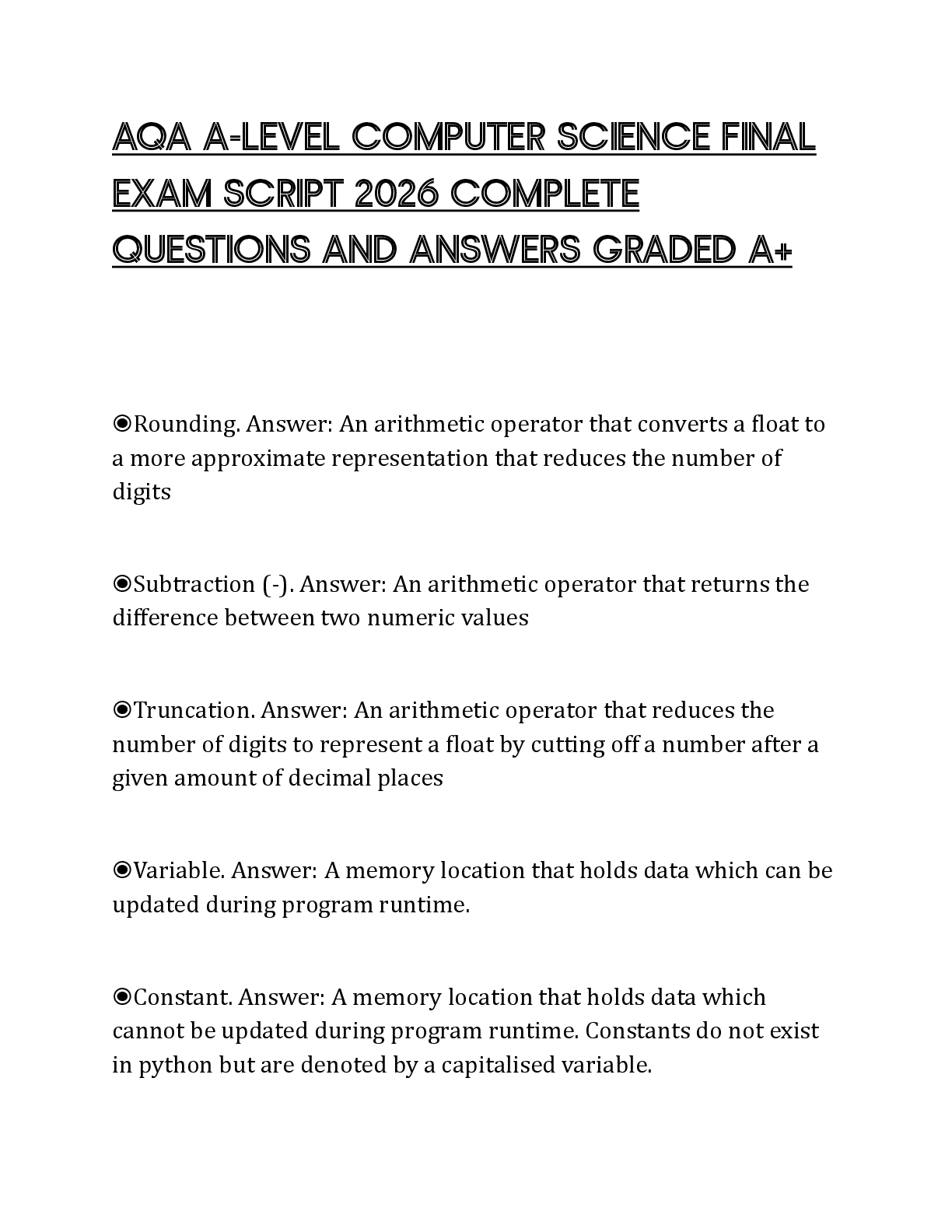 Recommended document preview for AQA A-LEVEL COMPUTER SCIENCE FINAL EXAM SCRIPT 2026 COMPLETE QUESTIONS AND ANSWERS GRADED A+
