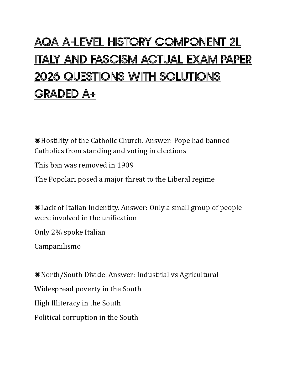 Recommended document preview for AQA A-LEVEL HISTORY COMPONENT 2L ITALY AND FASCISM ACTUAL EXAM PAPER 2026 QUESTIONS WITH SOLUTIONS GRADED A+