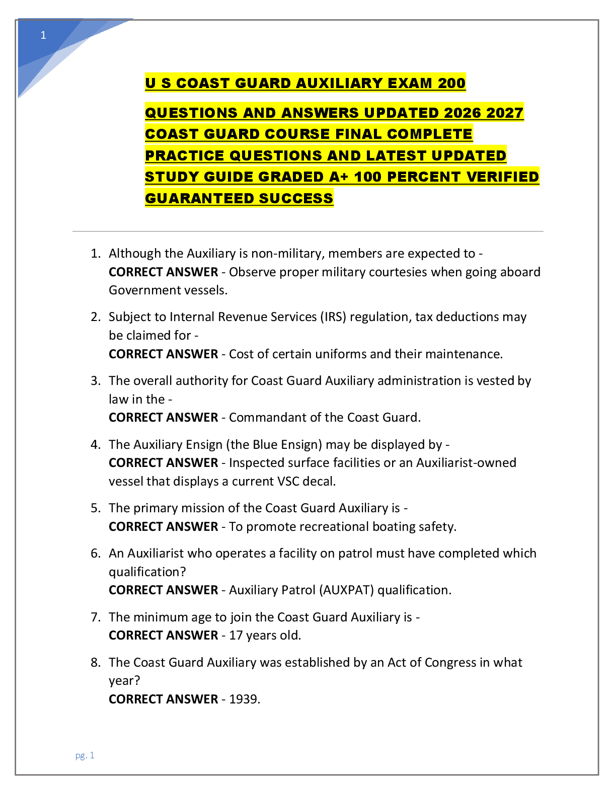 Recommended document preview for U S COAST GUARD AUXILIARY EXAM 200 QUESTIONS AND ANSWERS UPDATED 2026 2027 COAST GUARD COURSE FINAL COMPLETE PRACTICE QUESTIONS AND LATEST UPDATED STUDY GUIDE GRADED A+ 100 PERCENT VERIFIED GUARANTEED SUCCESS