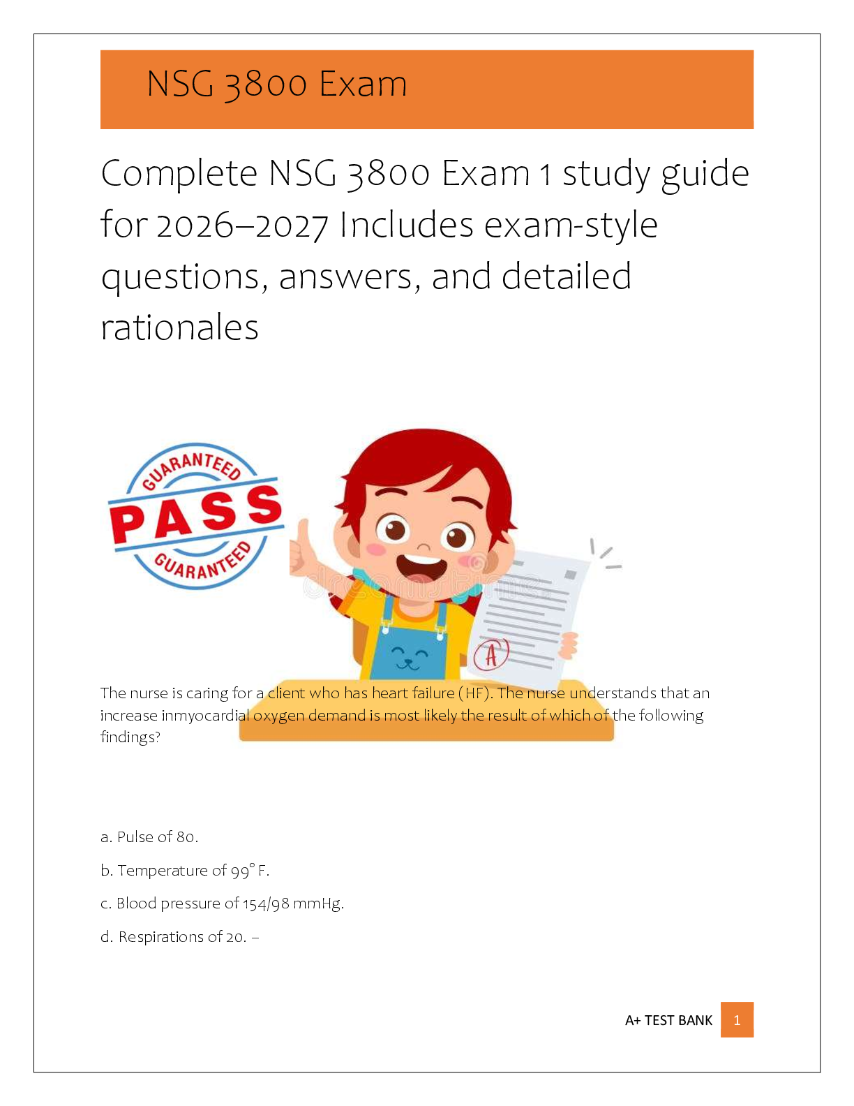 Recommended document preview for Complete NSG 3800 Exam 1 study guide  for 2026–2027 Includes exam-style  questions, answers, and detailed  rationales