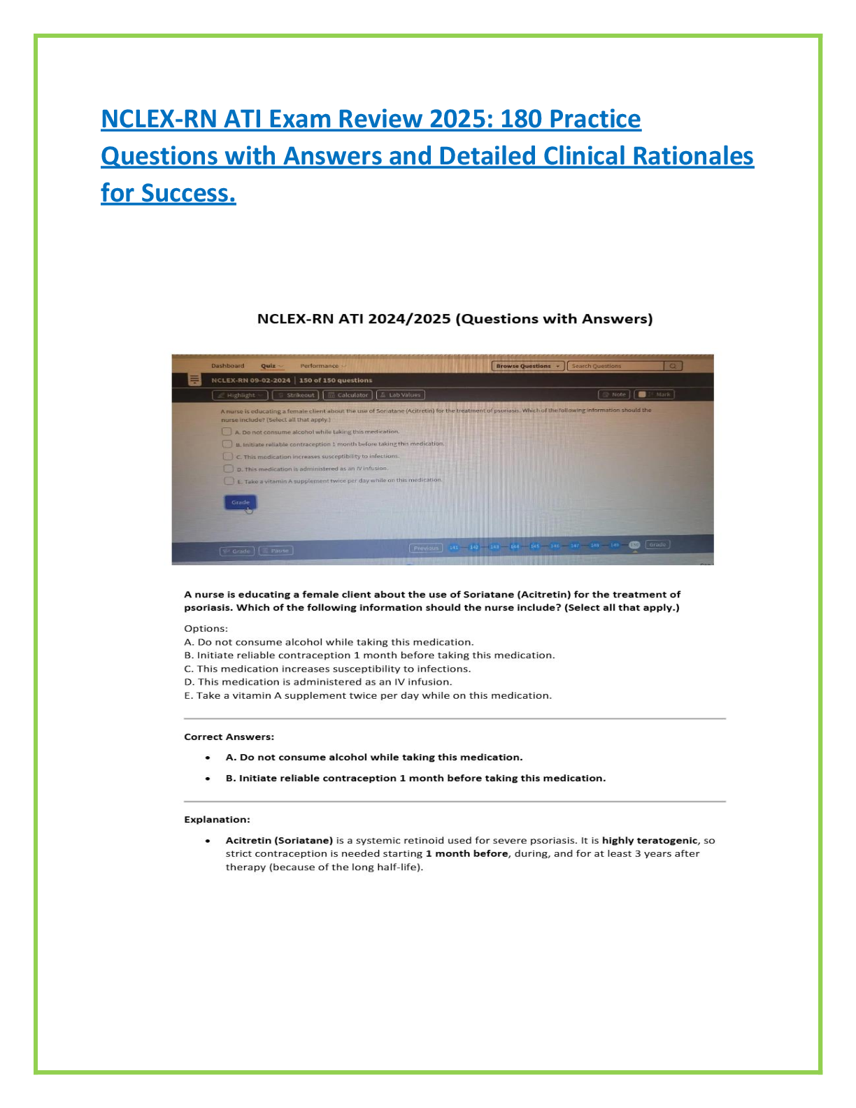 Recommended document preview for NCLEX-RN ATI Exam Review 2025: 180 Practice  Questions with Answers and Detailed Clinical Rationales  for Success.