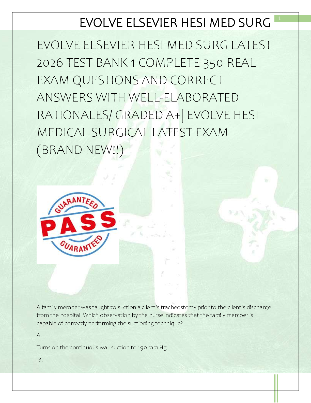 Preview of EVOLVE ELSEVIER HESI MED SURG LATEST  2026 TEST BANK 1 COMPLETE 350 REAL  EXAM QUESTIONS A