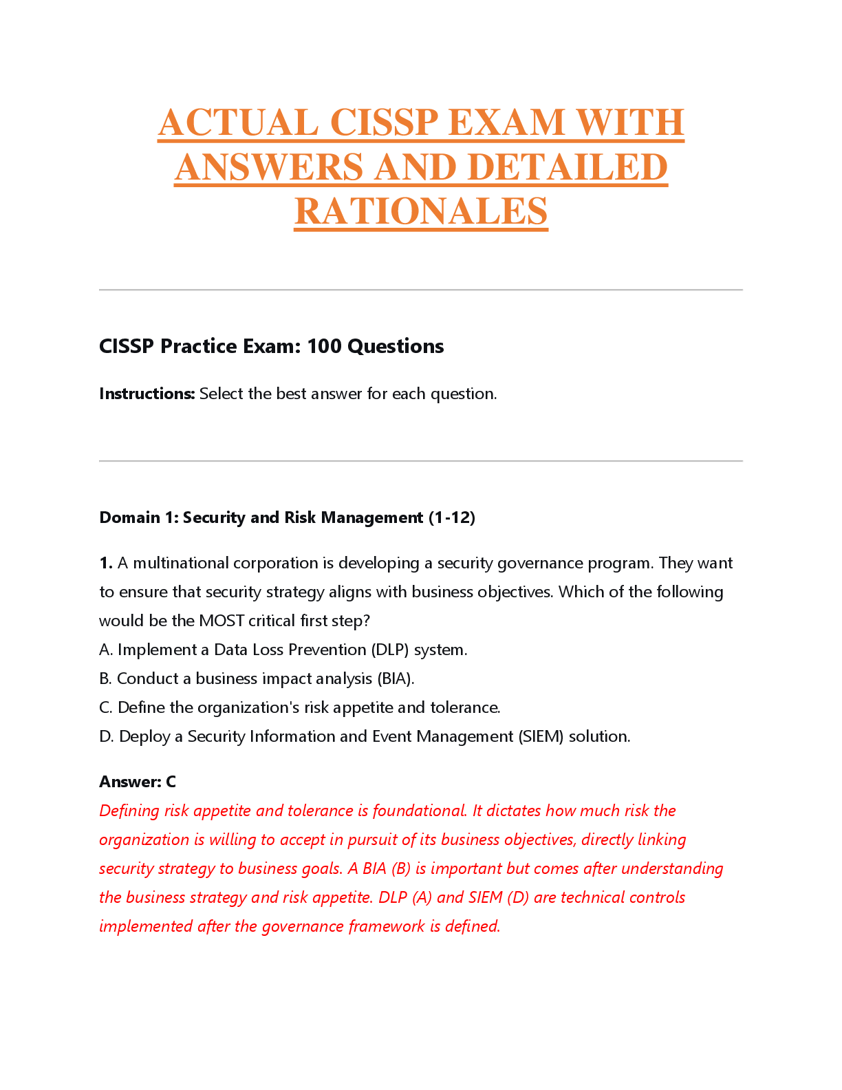 Recommended document preview for ACTUAL CISSP EXAM WITH  ANSWERS AND DETAILED  RATIONALES