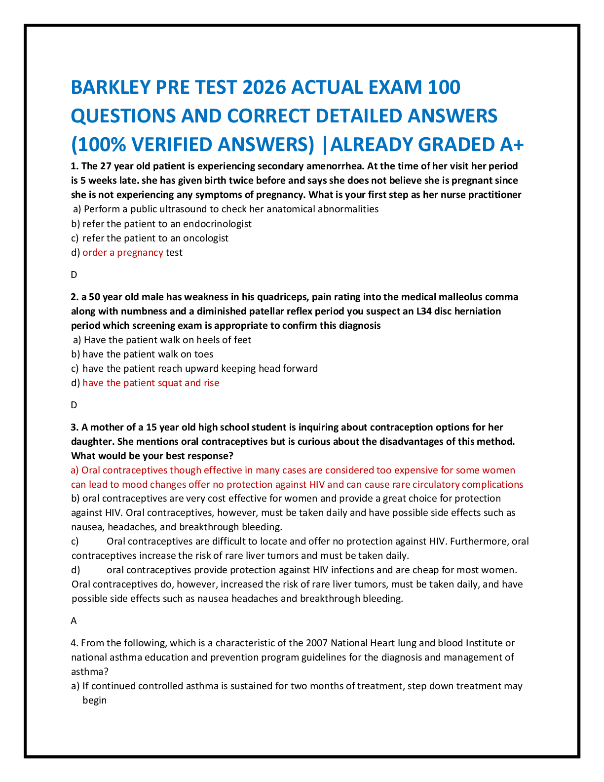 Recommended document preview for BARKLEY PRE TEST 2026 ACTUAL EXAM 100   QUESTIONS AND CORRECT DETAILED ANSWERS  (100% VERIFIED ANSWERS) |ALREADY GRADED A+