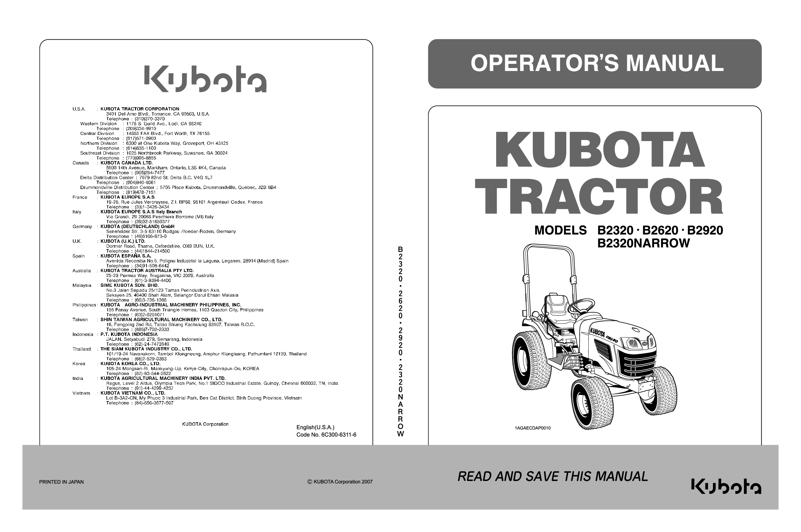 Recommended document preview for KUBOTA Tractor Operator's Manual B2320 B2620 B2920 B2320 NARROW