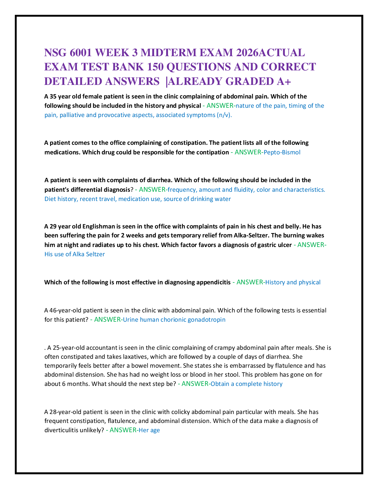 Recommended document preview for NSG 6001 WEEK 3 MIDTERM EXAM 2026ACTUAL   EXAM TEST BANK 150 QUESTIONS AND CORRECT   DETAILED ANSWERS  |ALREADY GRADED A+