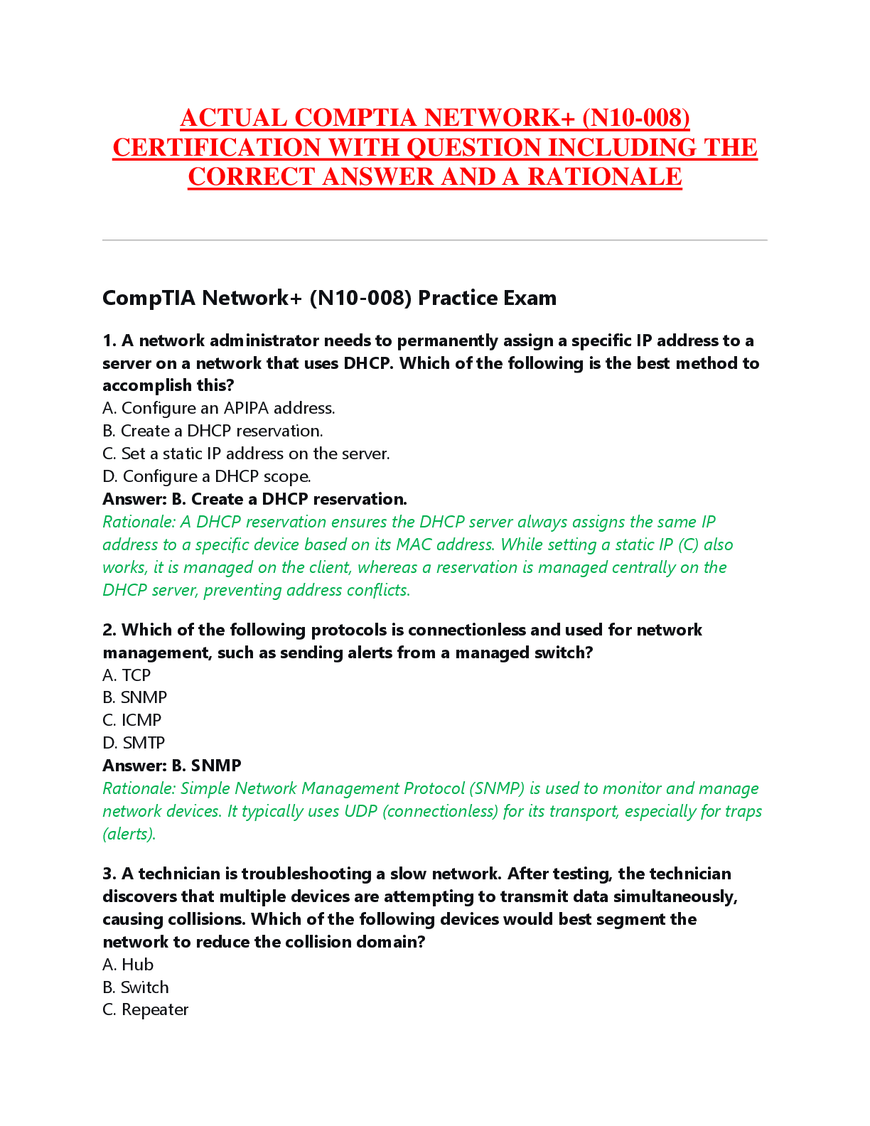 Recommended document preview for ACTUAL COMPTIA NETWORK+ (N10-008)  CERTIFICATION WITH QUESTION INCLUDING THE  CORRECT ANSWER AND A RATIONALE