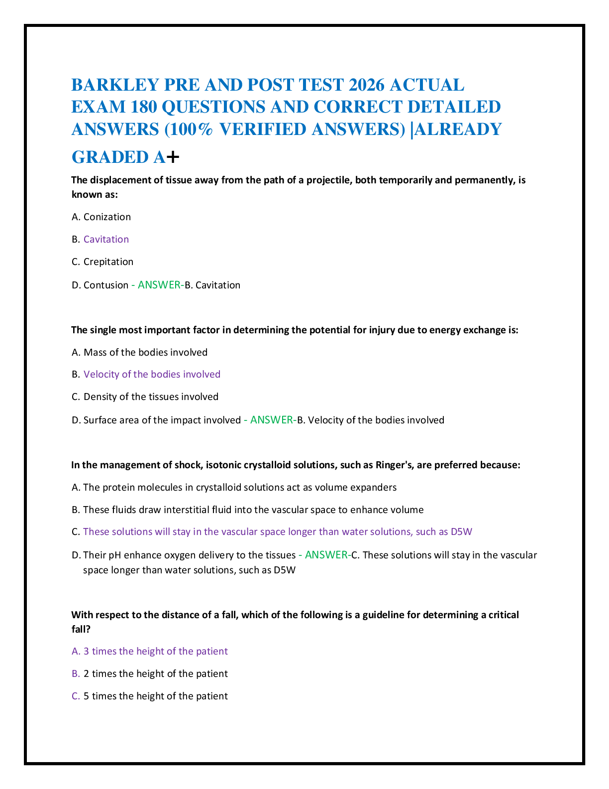 BARKLEY PRE AND POST TEST 2026 ACTUAL   EXAM 180 QUESTIONS AND CORRECT DETAILED   ANSWERS (100% VERIFIED ANSWERS) |ALREADY  GRADED A+