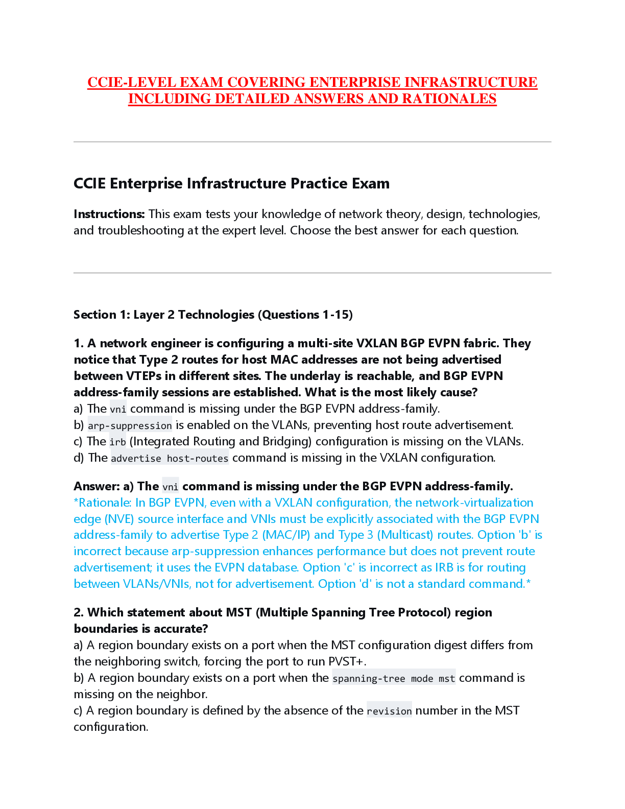 Recommended document preview for CCIE-LEVEL EXAM COVERING ENTERPRISE INFRASTRUCTURE  INCLUDING DETAILED ANSWERS AND RATIONALES