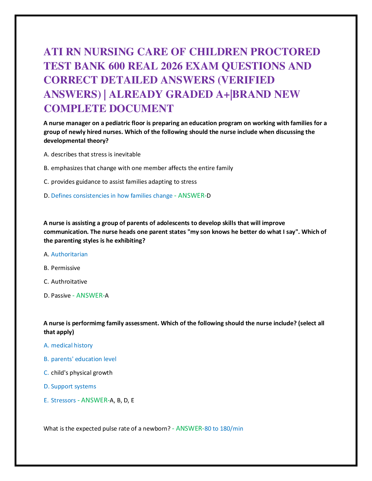 Preview of ATI RN NURSING CARE OF CHILDREN PROCTORED   TEST BANK 600 REAL 2026 EXAM QUESTIONS AND   CORRECT DETAILED ANSWERS (VERIFIED   ANSWERS) | ALREADY GRADED A+|BRAND NEW  COMPLETE DOCUMENT