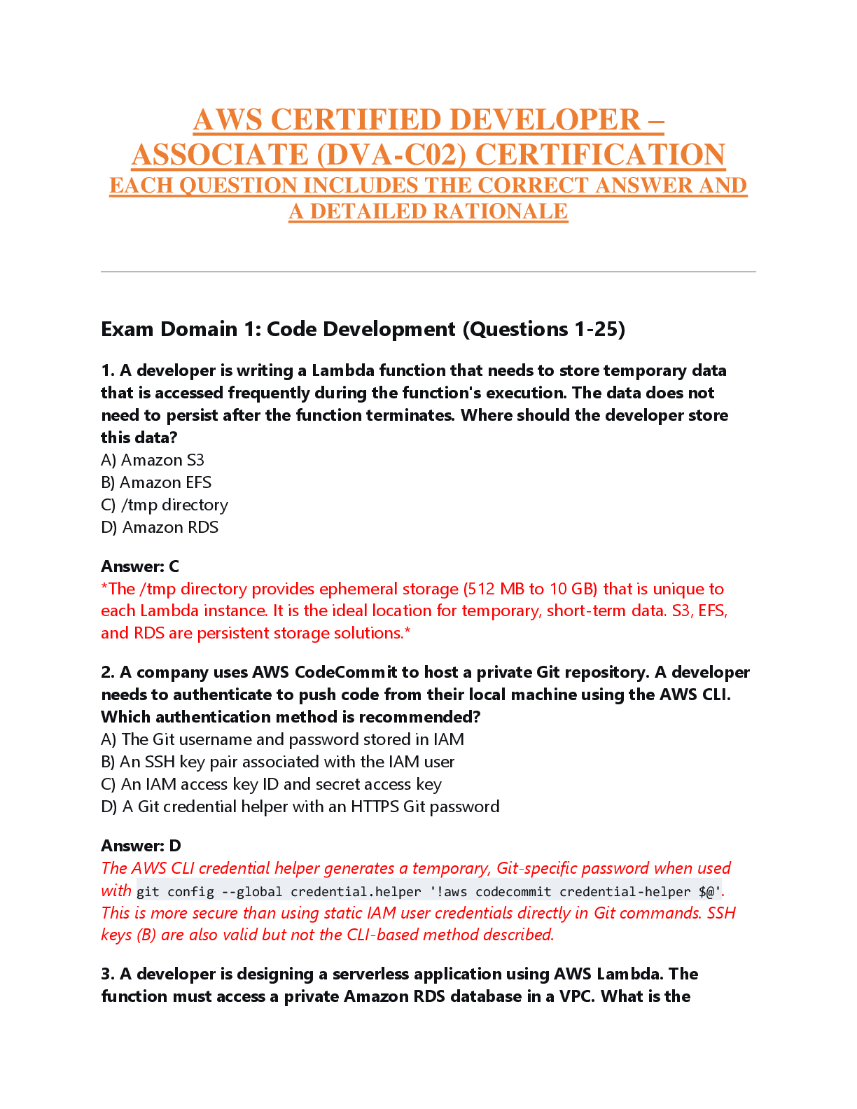 Recommended document preview for AWS CERTIFIED DEVELOPER –  ASSOCIATE (DVA-C02) CERTIFICATION  EACH QUESTION INCLUDES THE CORRECT ANSWER AND  A DETAILED RATIONALE
