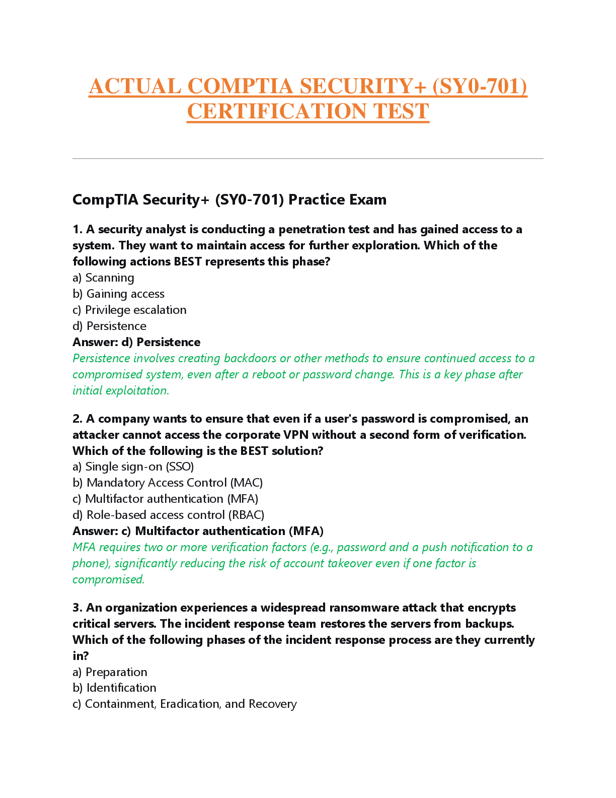 Recommended document preview for ACTUAL COMPTIA SECURITY+ (SY0-701)  CERTIFICATION TEST