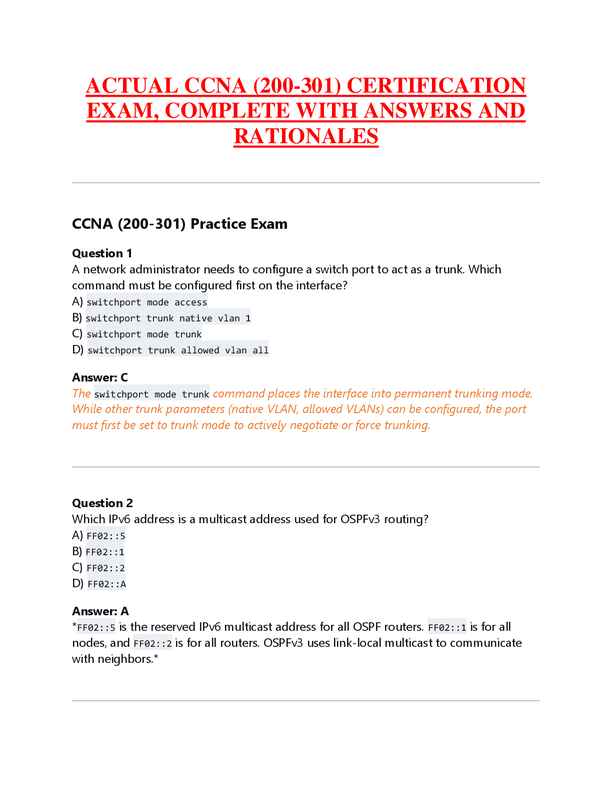Recommended document preview for ACTUAL CCNA (200-301) CERTIFICATION  EXAM, COMPLETE WITH ANSWERS AND  RATIONALES