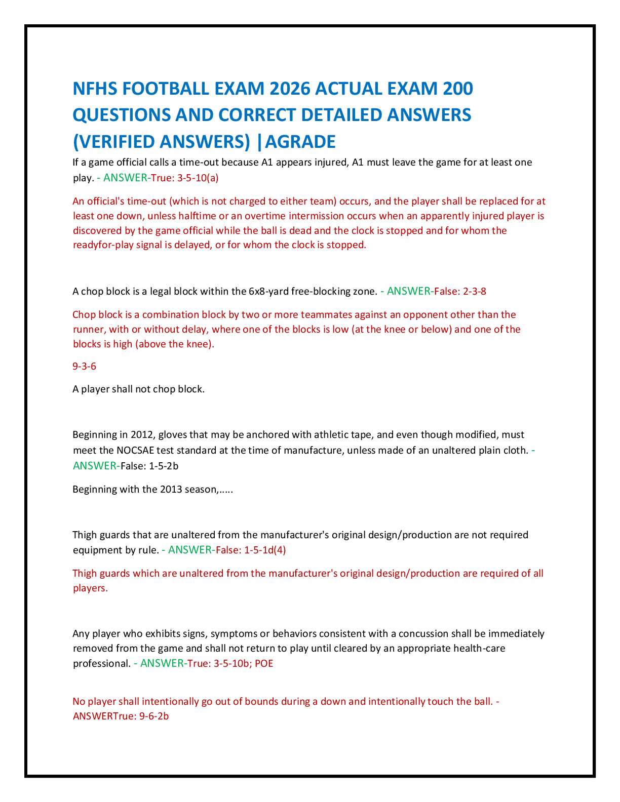 NFHS FOOTBALL EXAM 2026 ACTUAL EXAM 200   QUESTIONS AND CORRECT DETAILED ANSWERS  (VERIFIED ANSWERS) |AGRADE