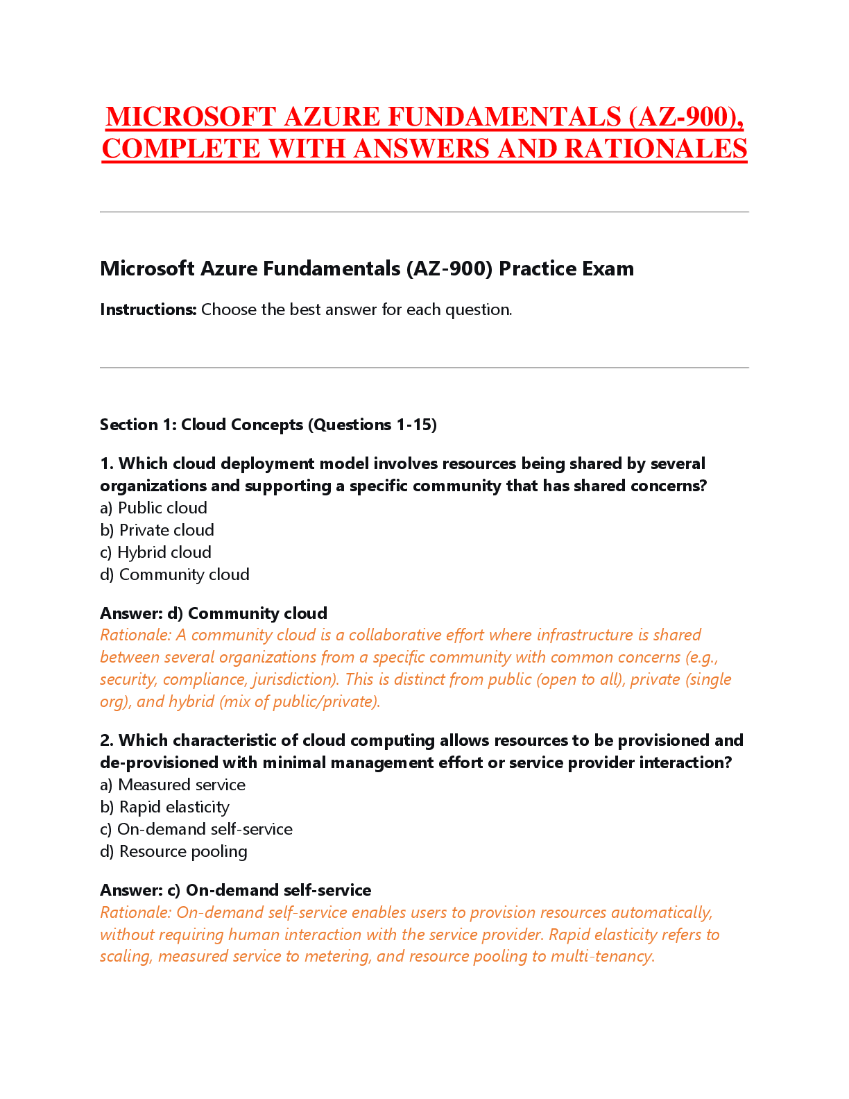 Recommended document preview for MICROSOFT AZURE FUNDAMENTALS (AZ-900),  COMPLETE WITH ANSWERS AND RATIONALES