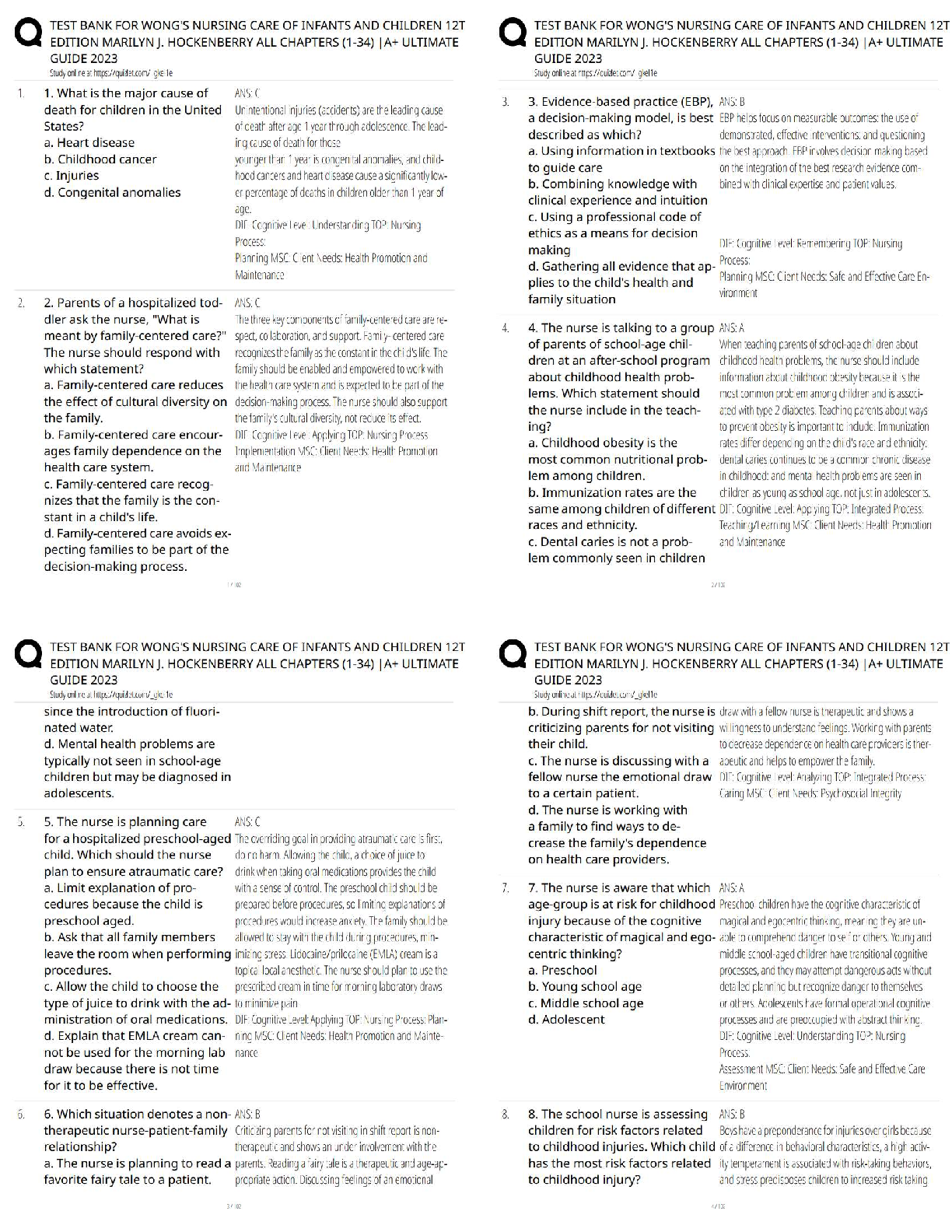 Preview of Test Bank for Wong's Nursing Care of Infants and Children / Study Guide / Practice Questio