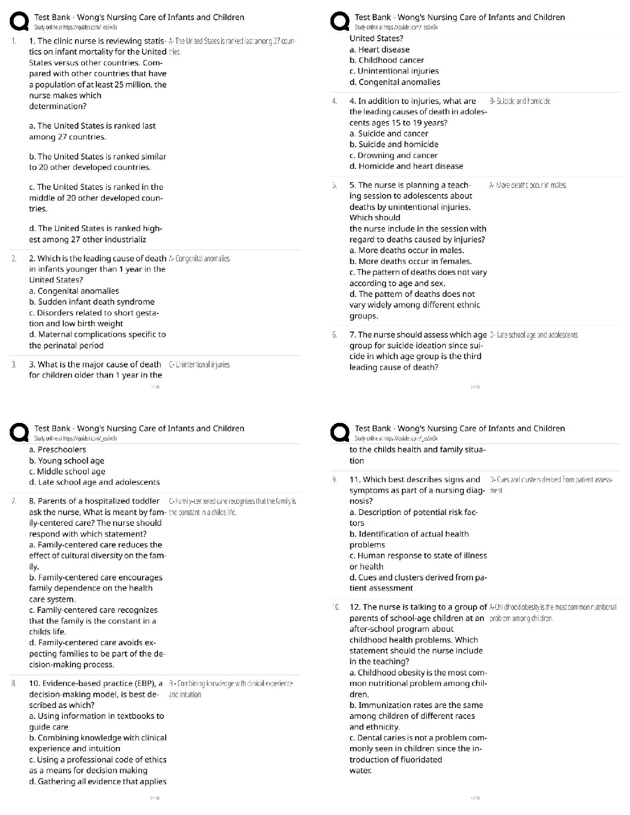 Preview of Test Bank / Study Guide / Practice Questions for Wong's Nursing Care of Infants and Childr