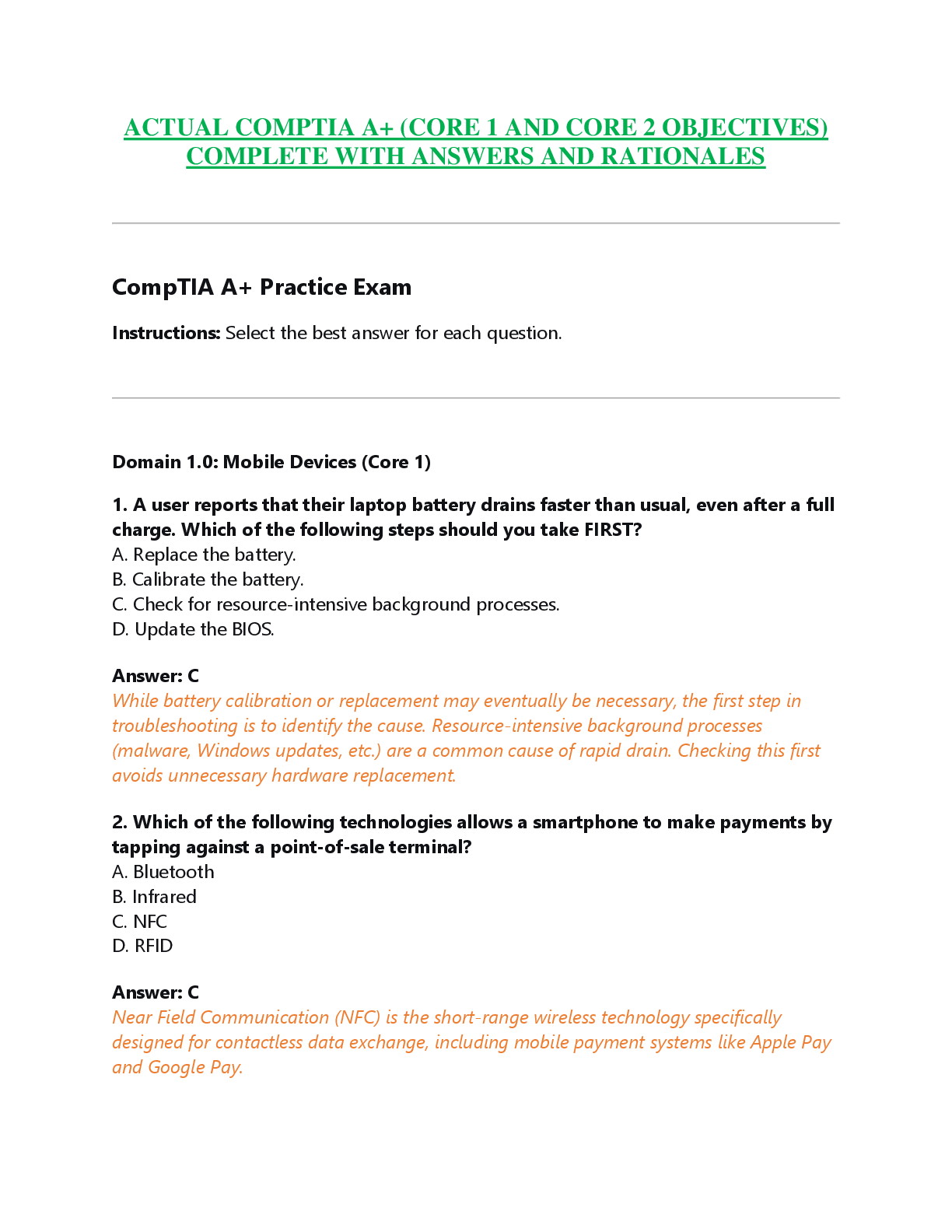 Recommended document preview for ACTUAL COMPTIA A+ (CORE 1 AND CORE 2 OBJECTIVES)  COMPLETE WITH ANSWERS AND RATIONALES