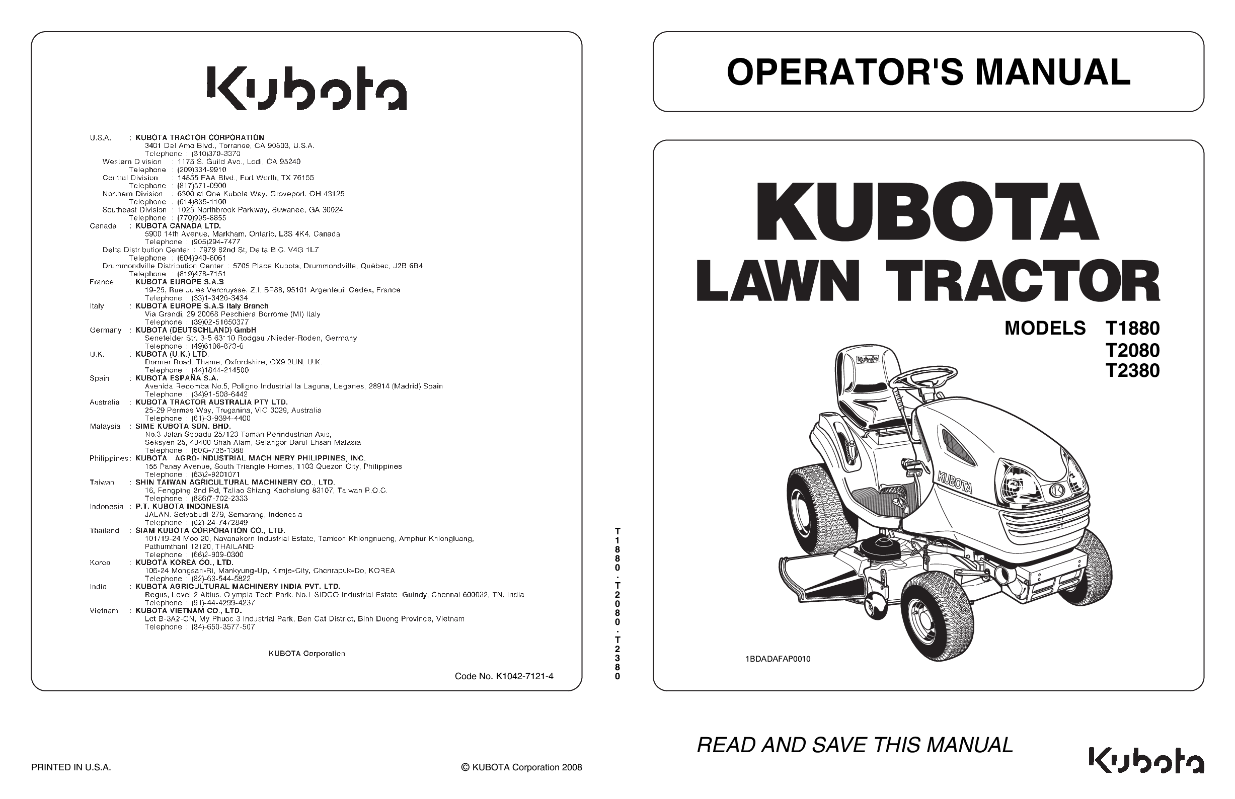 Recommended document preview for KUBOTA T Model T1880 T2080 T2380 lawn tractor mower operator's Repair manual