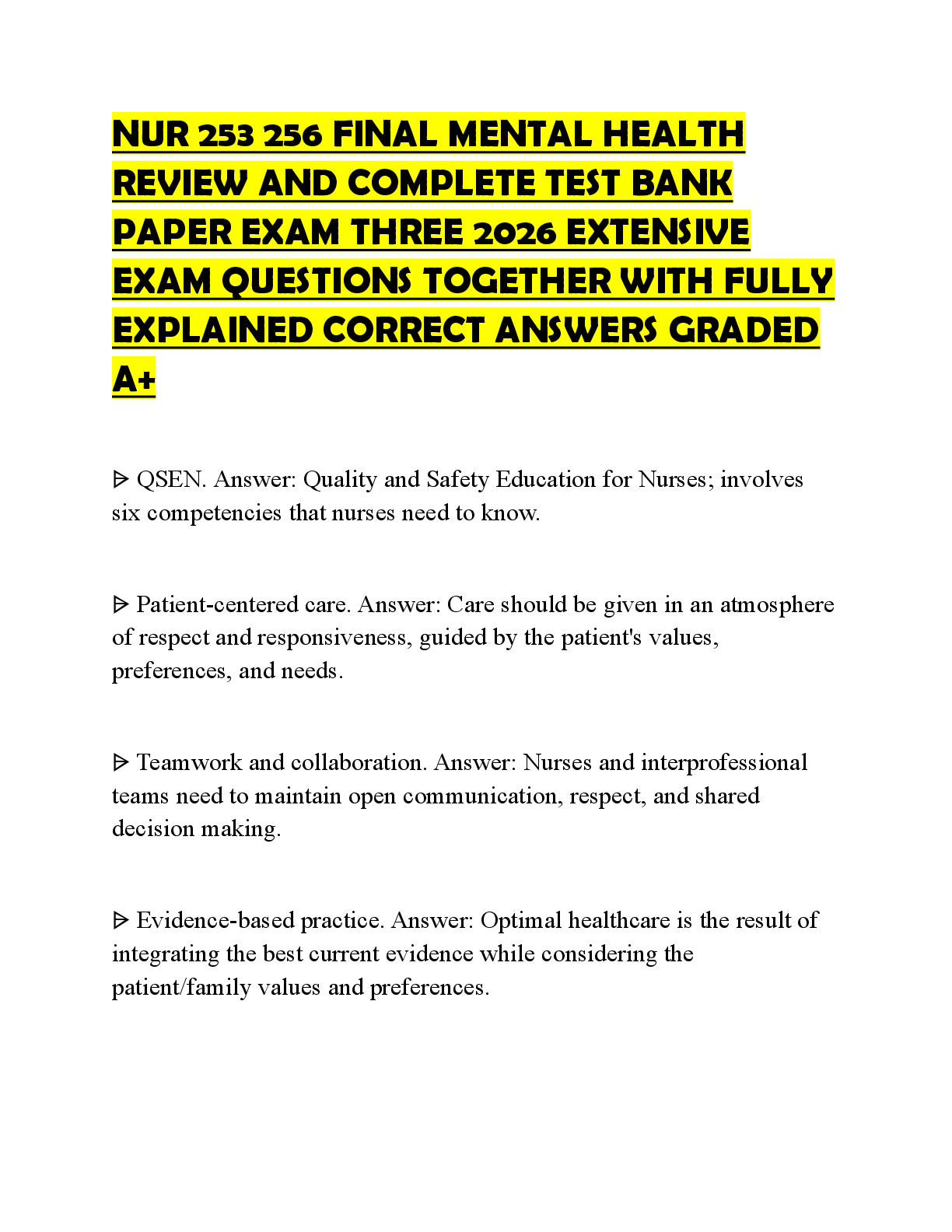 Recommended document preview for NUR 253 256 FINAL MENTAL HEALTH REVIEW AND COMPLETE TEST BANK PAPER EXAM THREE 2026 EXTENSIVE EXAM QUESTIONS TOGETHER WITH FULLY EXPLAINED CORRECT ANSWERS GRADED A+