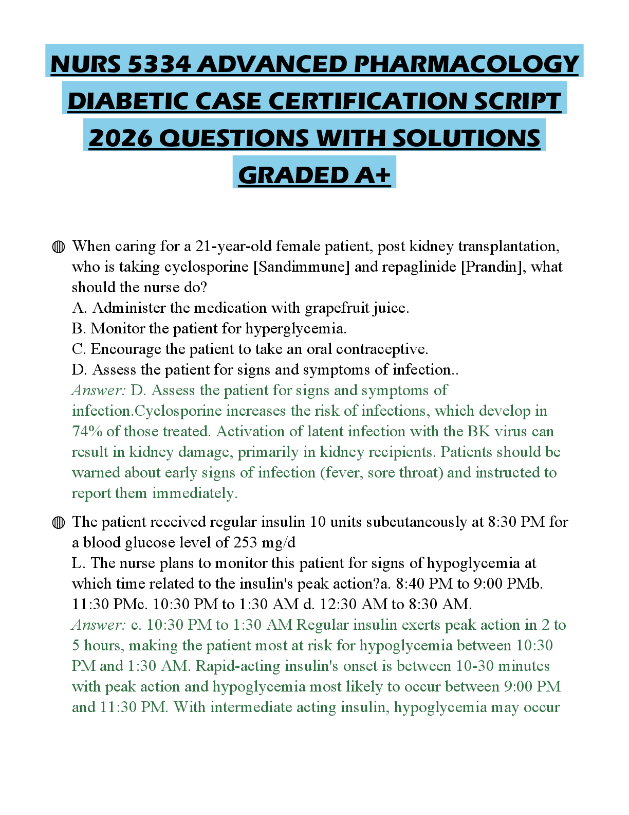 Recommended document preview for NURS 5334 ADVANCED PHARMACOLOGY DIABETIC CASE CERTIFICATION SCRIPT 2026 QUESTIONS WITH SOLUTIONS