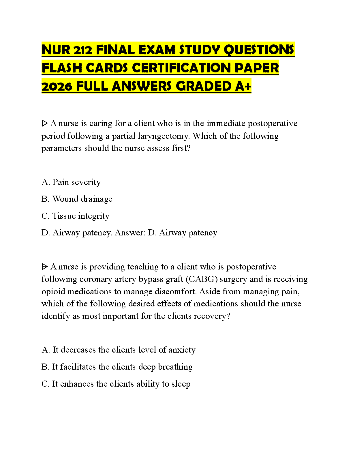 Recommended document preview for NUR 212 FINAL EXAM STUDY QUESTIONS FLASH CARDS CERTIFICATION PAPER 2026 FULL ANSWERS GRADED A+