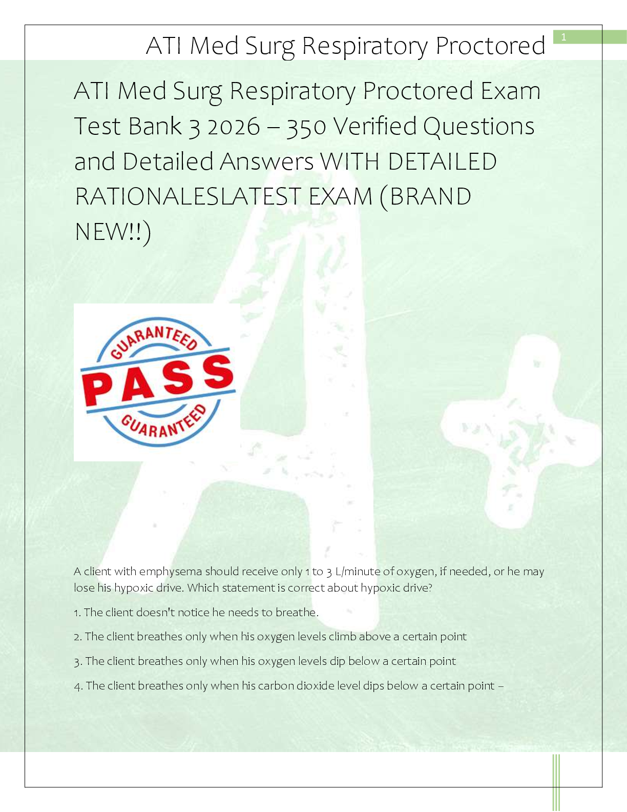Recommended document preview for ATI Med Surg Respiratory Proctored Exam  Test Bank 3 2026 – 350 Verified Questions  and Detailed Answers WITH DETAILED  RATIONALESLATEST EXAM (BRAND  NEW!!)