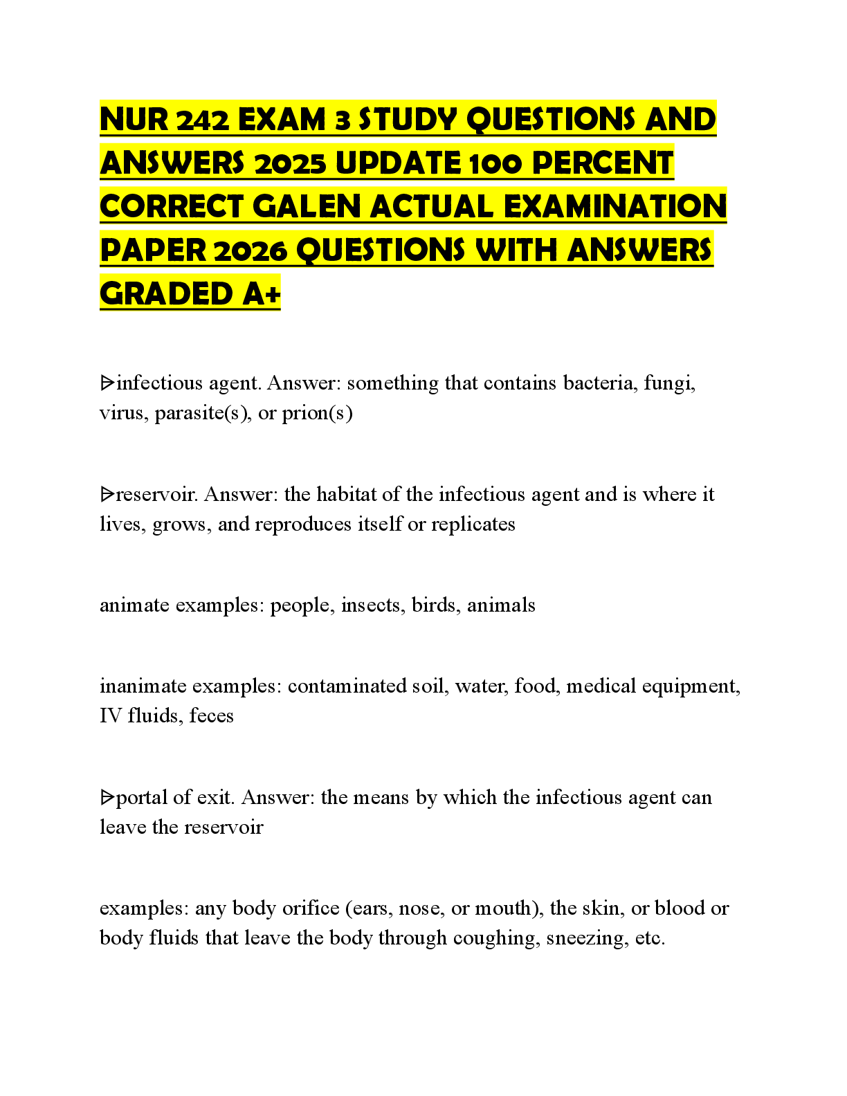 Preview of NUR 242 EXAM 3 STUDY QUESTIONS AND ANSWERS 2025 UPDATE 100 PERCENT CORRECT GALEN ACTUAL EX