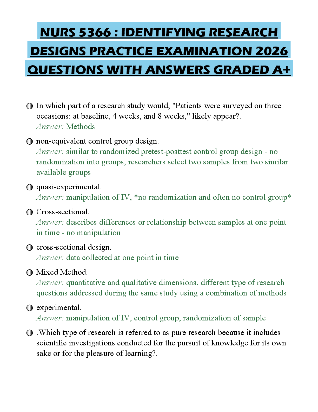 Recommended document preview for NURS 5366 : IDENTIFYING RESEARCH DESIGNS PRACTICE EXAMINATION 2026 QUESTIONS WITH ANSWERS GRADED A+