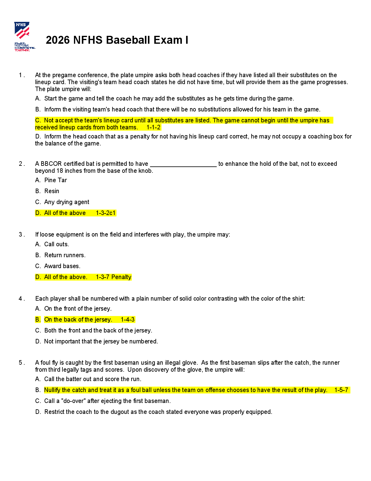 2026 Part I & II NFHS Baseball Exam with Answers and Rule References - Score 100%
