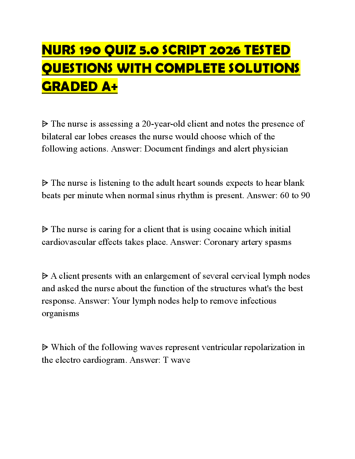 Preview of NURS 190 QUIZ 5.0 SCRIPT 2026 TESTED QUESTIONS WITH COMPLETE SOLUTIONS GRADED A+
