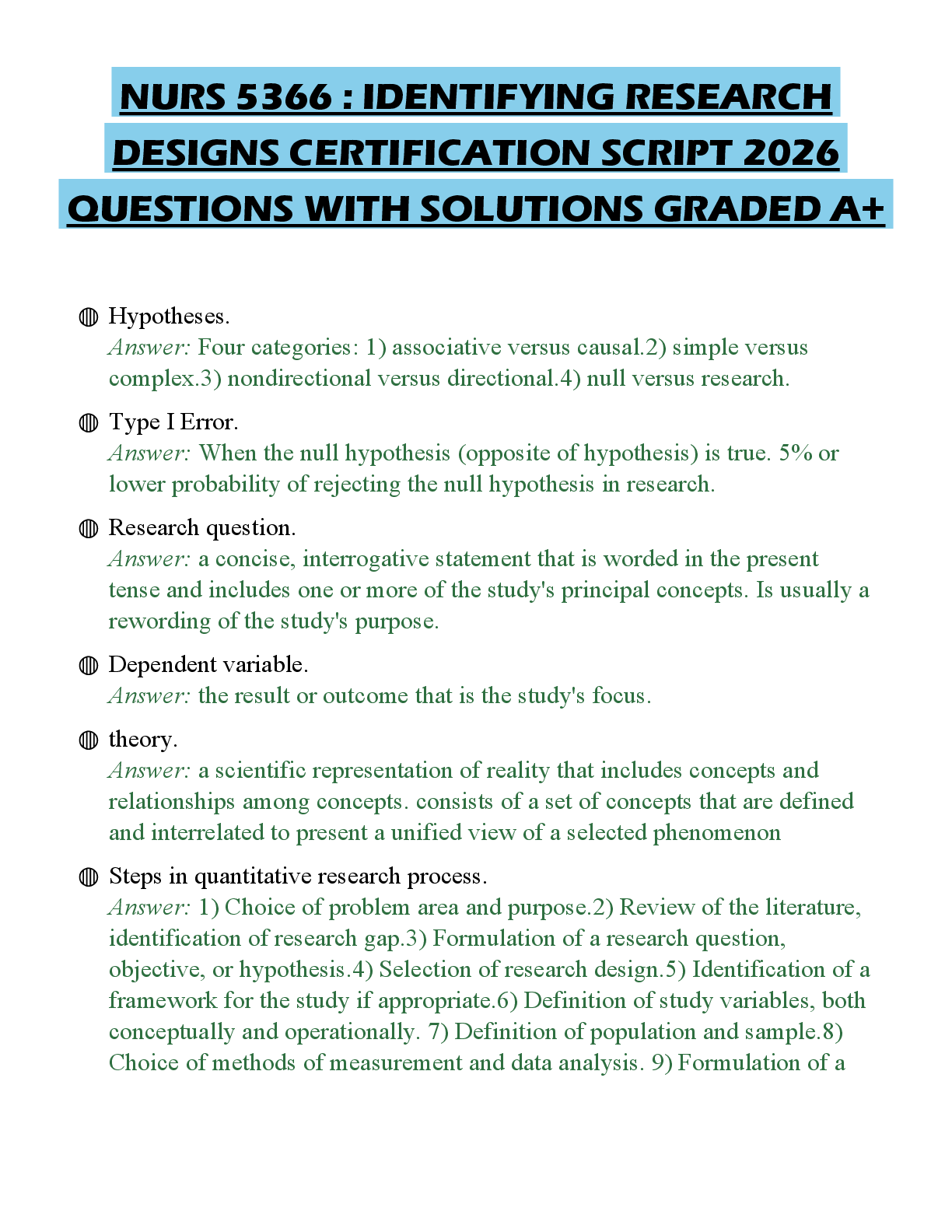 Preview of NURS 5366 : IDENTIFYING RESEARCH DESIGNS CERTIFICATION SCRIPT 2026 QUESTIONS WITH SOLUTION