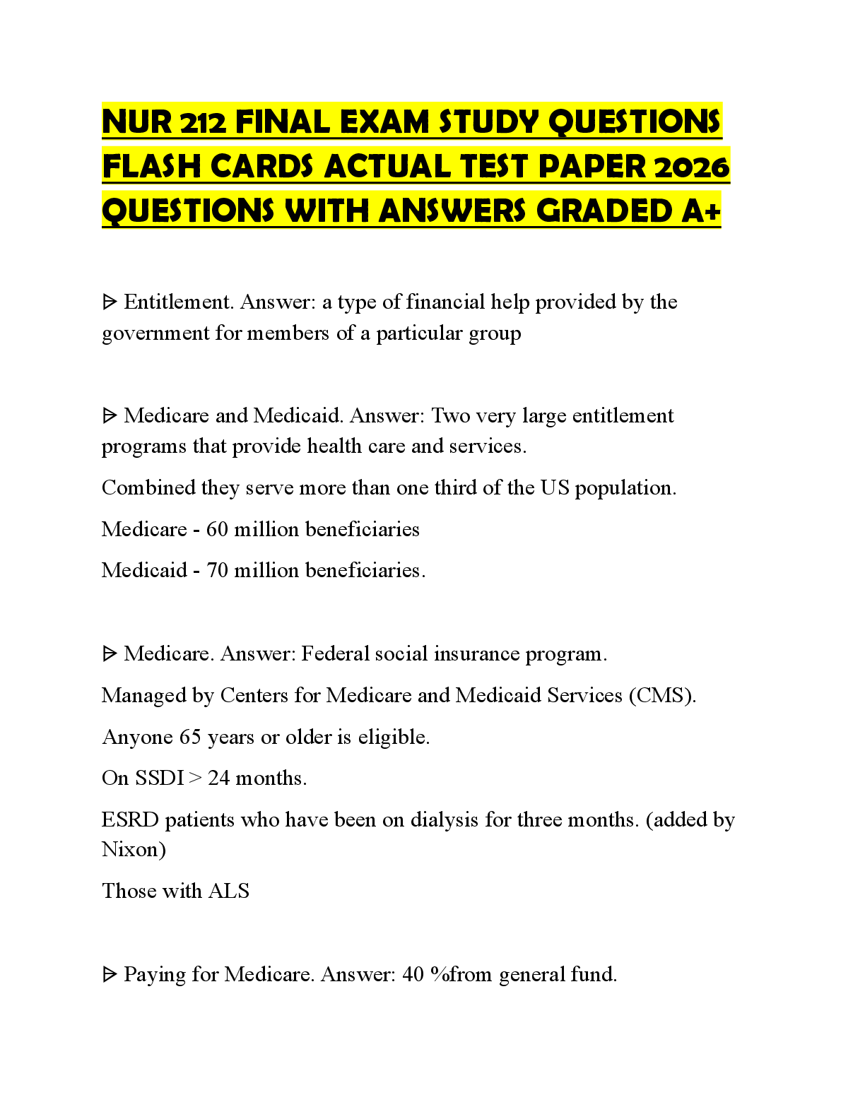 Recommended document preview for NUR 212 FINAL EXAM STUDY QUESTIONS FLASH CARDS ACTUAL TEST PAPER 2026 QUESTIONS WITH ANSWERS GRADED A+