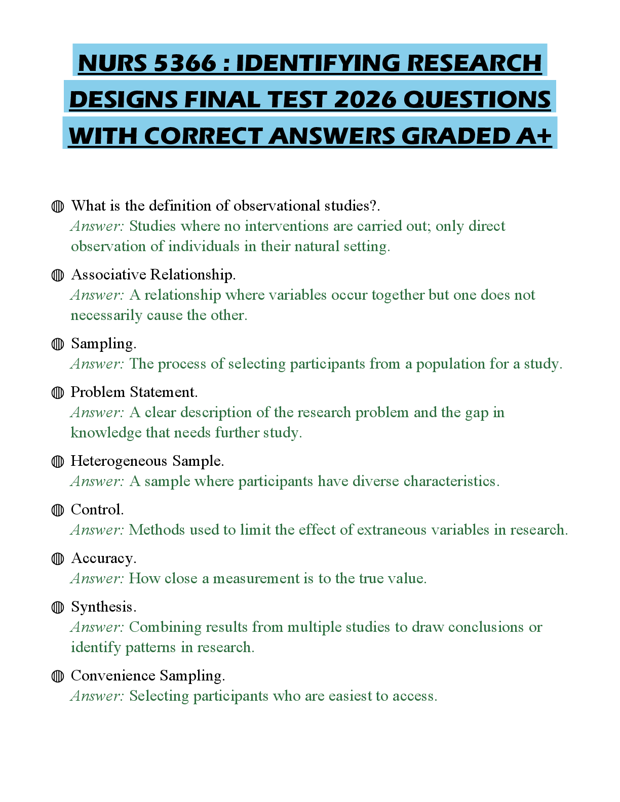 Recommended document preview for NURS 5366 : IDENTIFYING RESEARCH DESIGNS FINAL TEST 2026 QUESTIONS WITH CORRECT ANSWERS GRADED A+