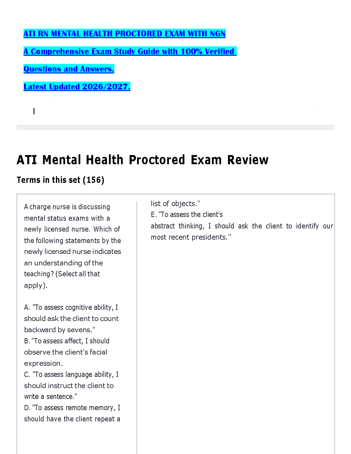 Recommended document preview for ATI RN MENTAL HEALTH PROCTORED EXAM WITH NGN A Comprehensive Exam Study Guide with 100% Verified Questions and Answers. Latest Updated 2026/2027.