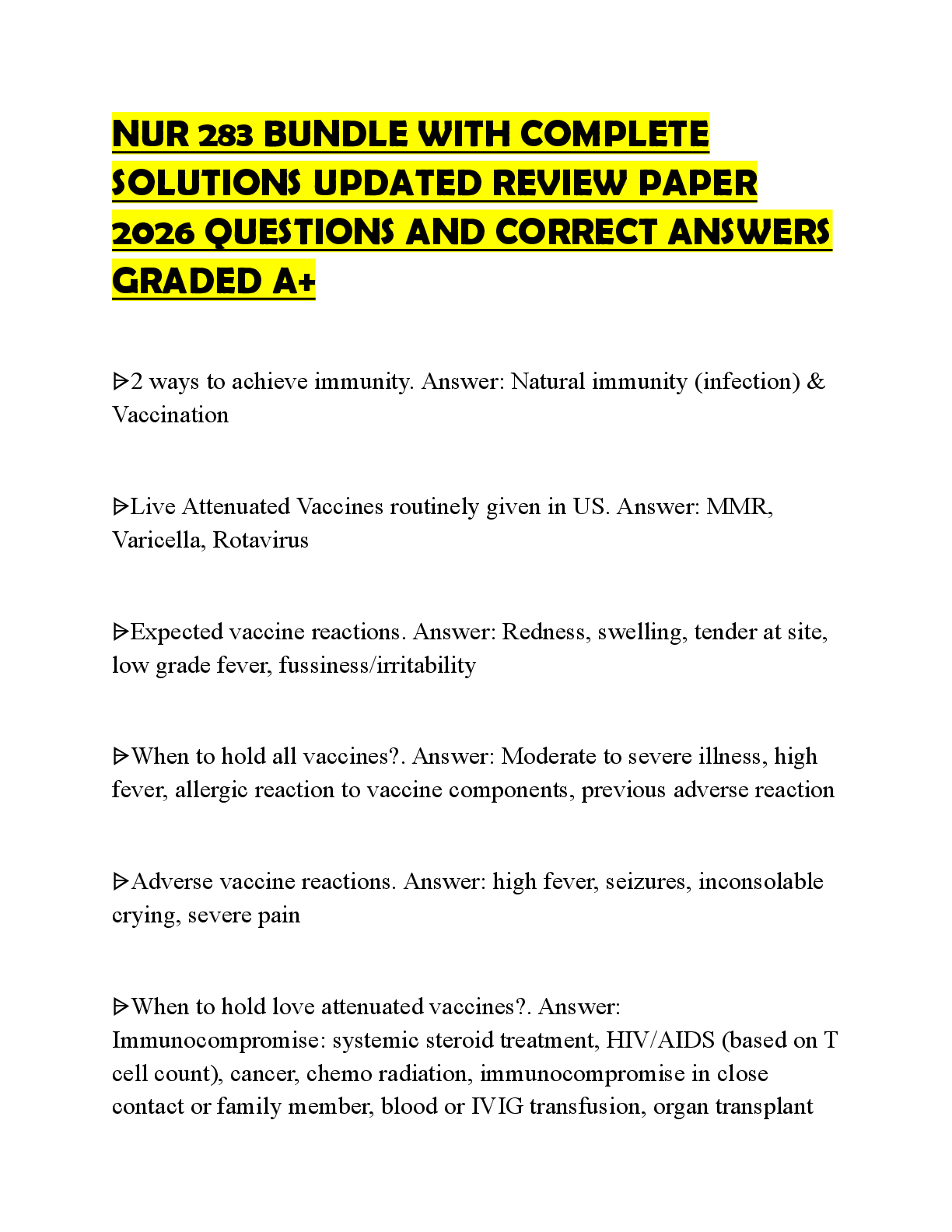 Recommended document preview for NUR 283 BUNDLE WITH COMPLETE SOLUTIONS UPDATED REVIEW PAPER 2026 QUESTIONS AND CORRECT ANSWERS GRADED A+