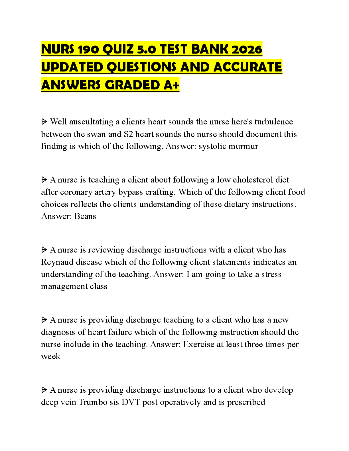 Preview of NURS 190 QUIZ 5.0 TEST BANK 2026 UPDATED QUESTIONS AND ACCURATE ANSWERS GRADED A+