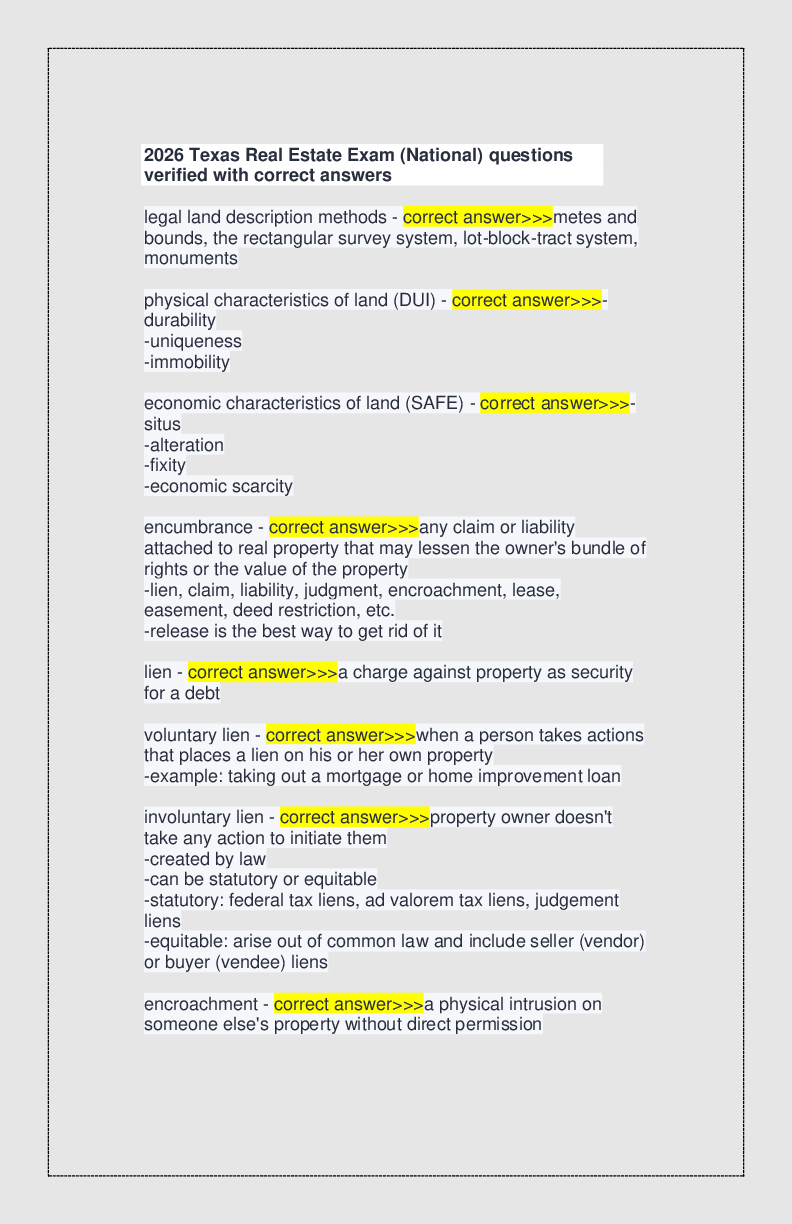 Recommended document preview for 2026 Texas Real Estate Exam (National) questions verified with correct answers