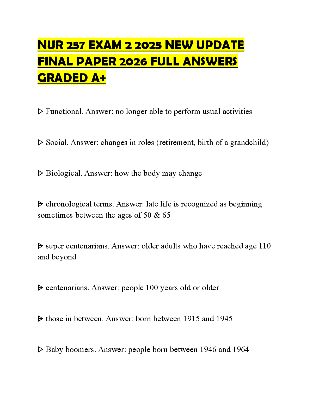 Preview of NUR 257 EXAM 2 2025 NEW UPDATE FINAL PAPER 2026 FULL ANSWERS GRADED A+