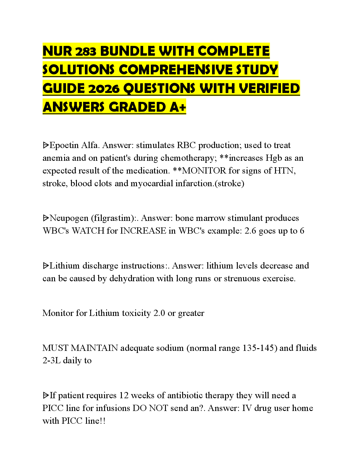 Recommended document preview for NUR 283 BUNDLE WITH COMPLETE SOLUTIONS COMPREHENSIVE STUDY GUIDE 2026 QUESTIONS WITH VERIFIED ANSWERS GRADED A+