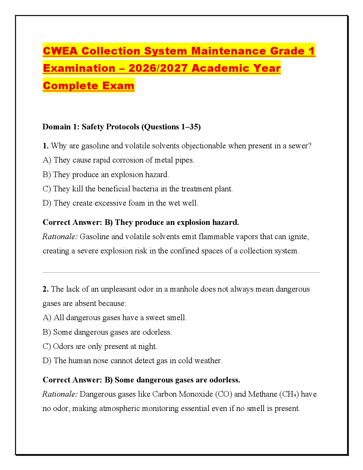 Recommended document preview for CWEA Collection System Maintenance Grade 1  Examination – 2026/2027 Academic Year  Complete Exam