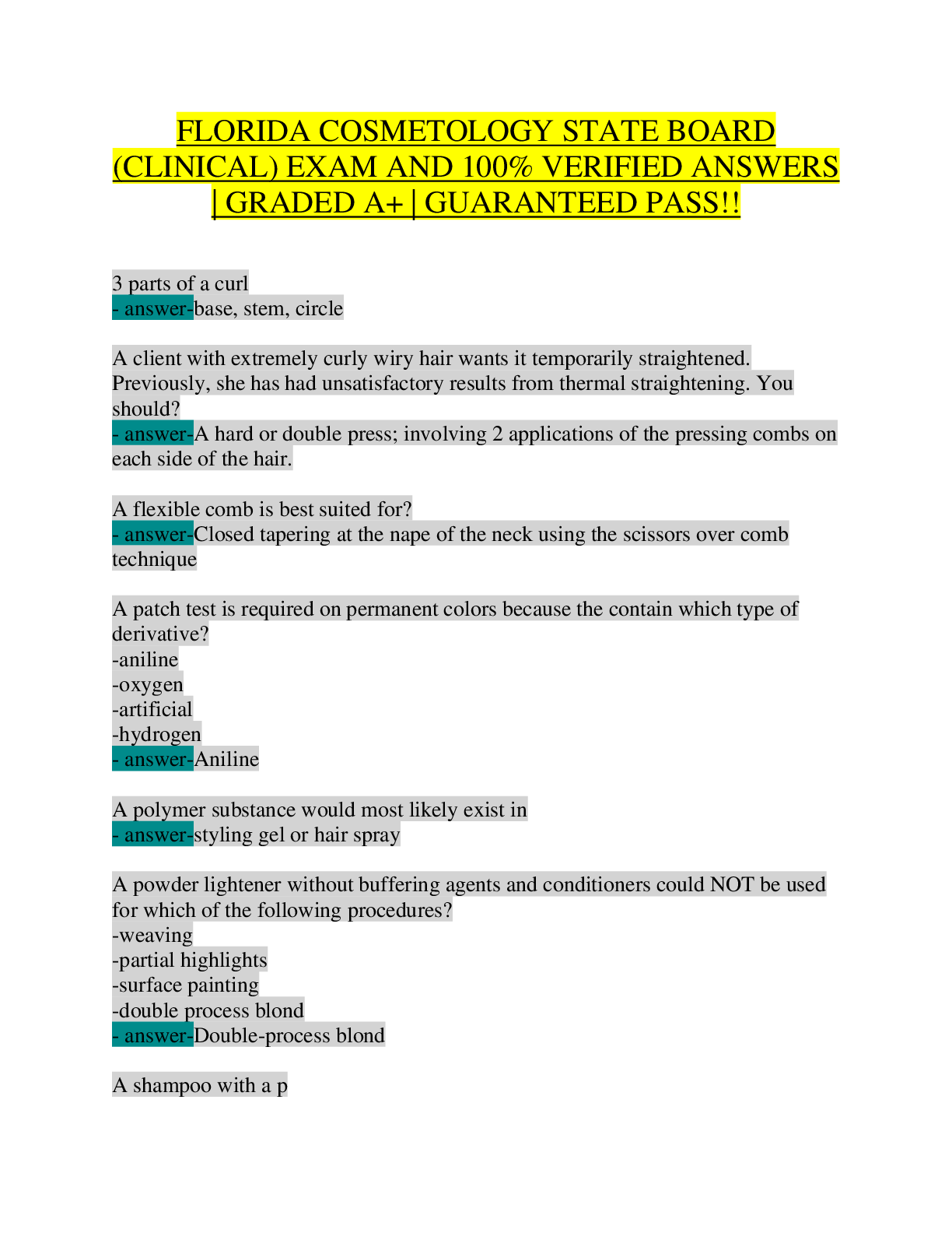 Recommended document preview for FLORIDA COSMETOLOGY STATE BOARD EXAM 2026 | COMPLETE CLINICAL PRACTICE TEST BANK WITH 100% VERIFIED ANSWERS | PERMANENT WAVES, CHEMICAL RELAXERS, COLOR THEORY, HAIR STRUCTURE & LICENSING PREP | GRADED A+ GUARANTEED PASS