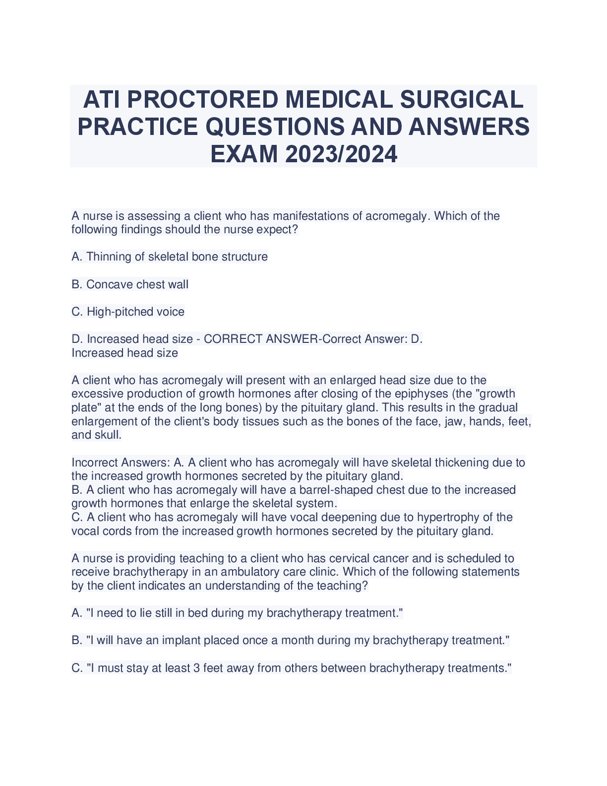 Preview image for ATI PROCTORED MEDICAL SURGICAL  PRACTICE QUESTIONS AND ANSWERS  EXAM 2023/2024