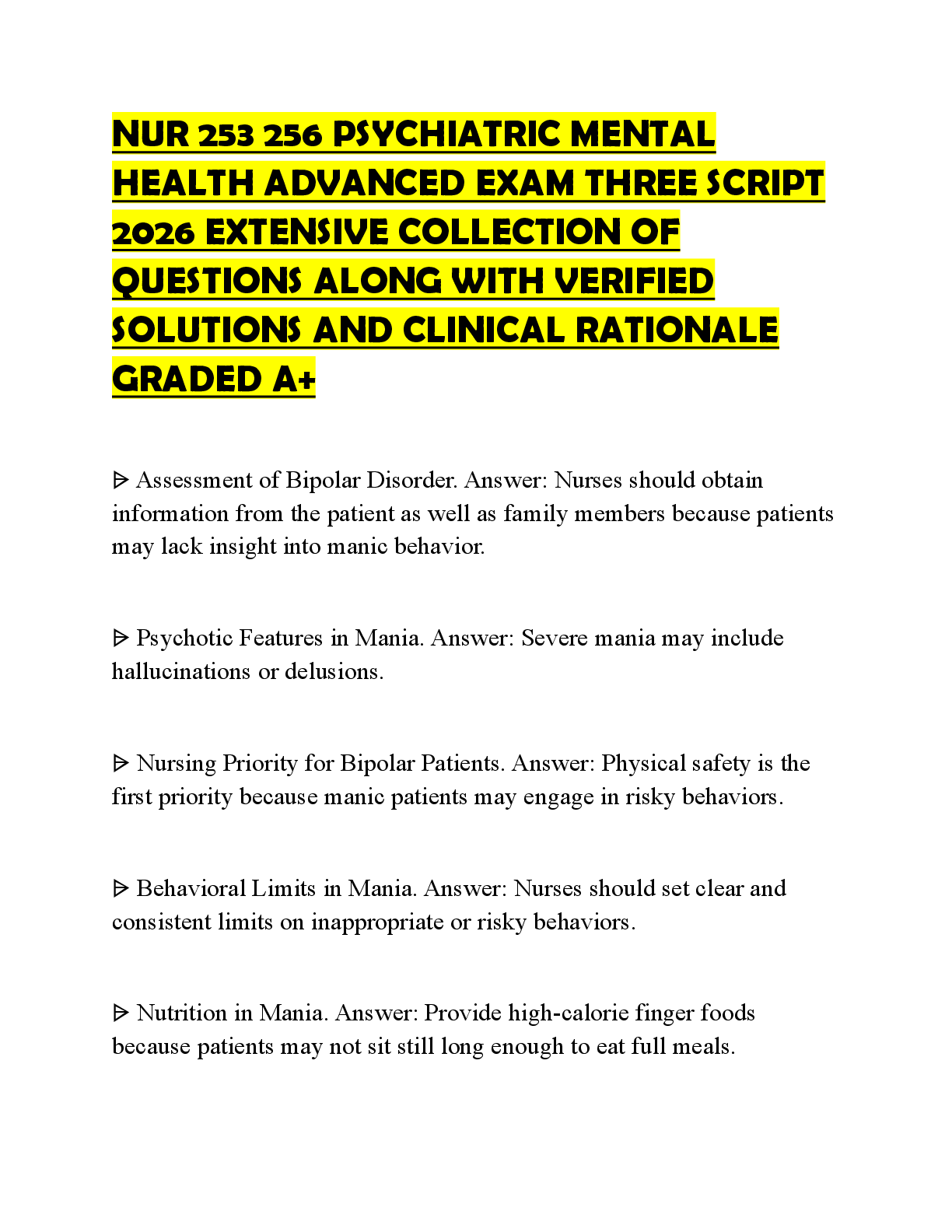 Recommended document preview for NUR 253 256 PSYCHIATRIC MENTAL HEALTH ADVANCED EXAM THREE SCRIPT 2026 EXTENSIVE COLLECTION OF QUESTIONS ALONG WITH VERIFIED SOLUTIONS AND CLINICAL RATIONALE GRADED A+