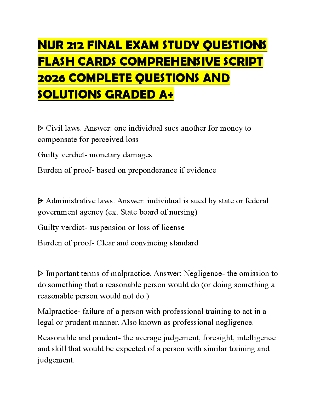 Recommended document preview for NUR 212 FINAL EXAM STUDY QUESTIONS FLASH CARDS COMPREHENSIVE SCRIPT 2026 COMPLETE QUESTIONS AND SOLUTIONS GRADED A+