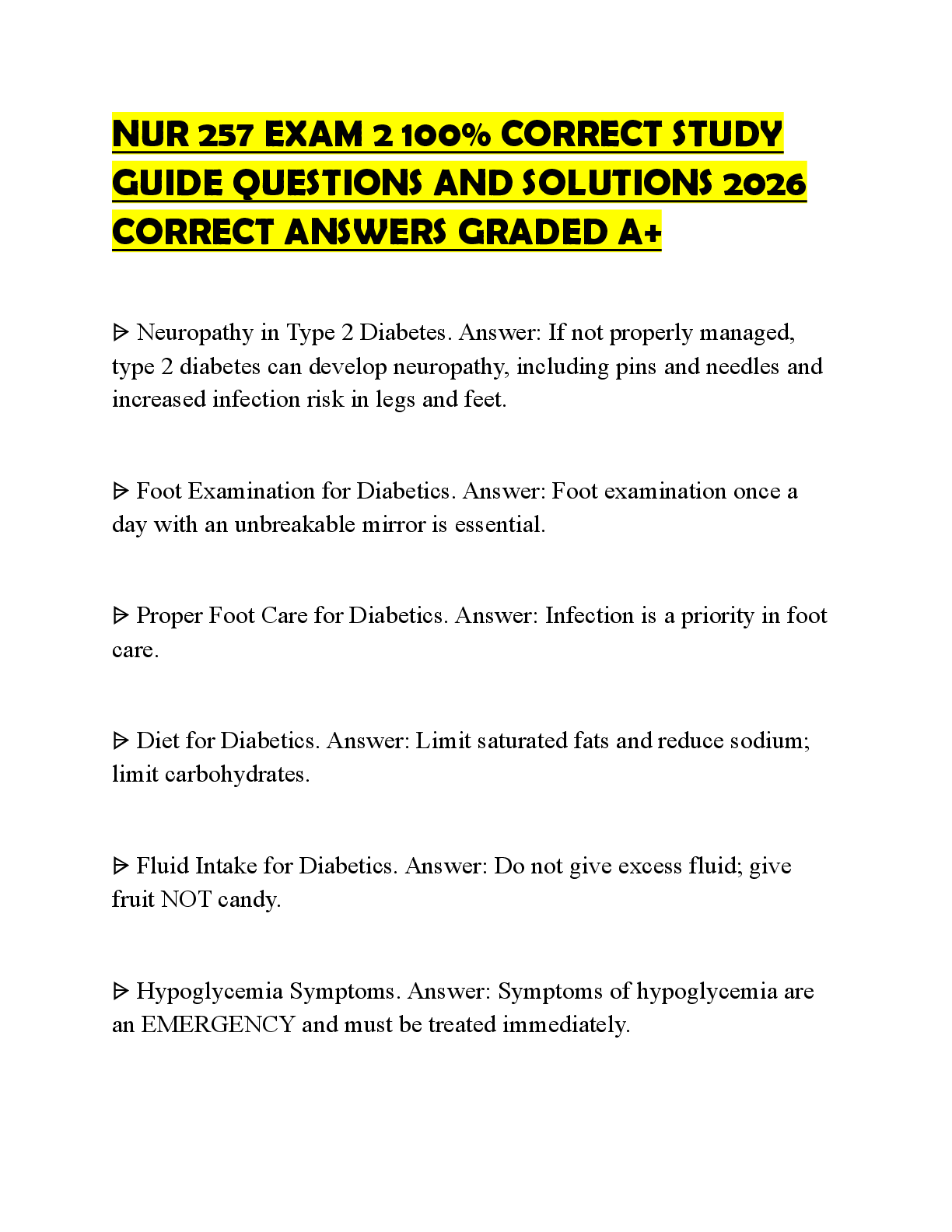 Recommended document preview for NUR 257 EXAM 2 100% CORRECT STUDY GUIDE QUESTIONS AND SOLUTIONS 2026 CORRECT ANSWERS GRADED A+